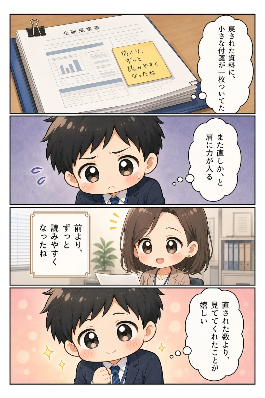4コマ漫画「戻ってきた資料の付箋」 差し戻された資料に「前より読みやすくなった」と付箋。直された数より、見てくれた事実がうれしかった話。