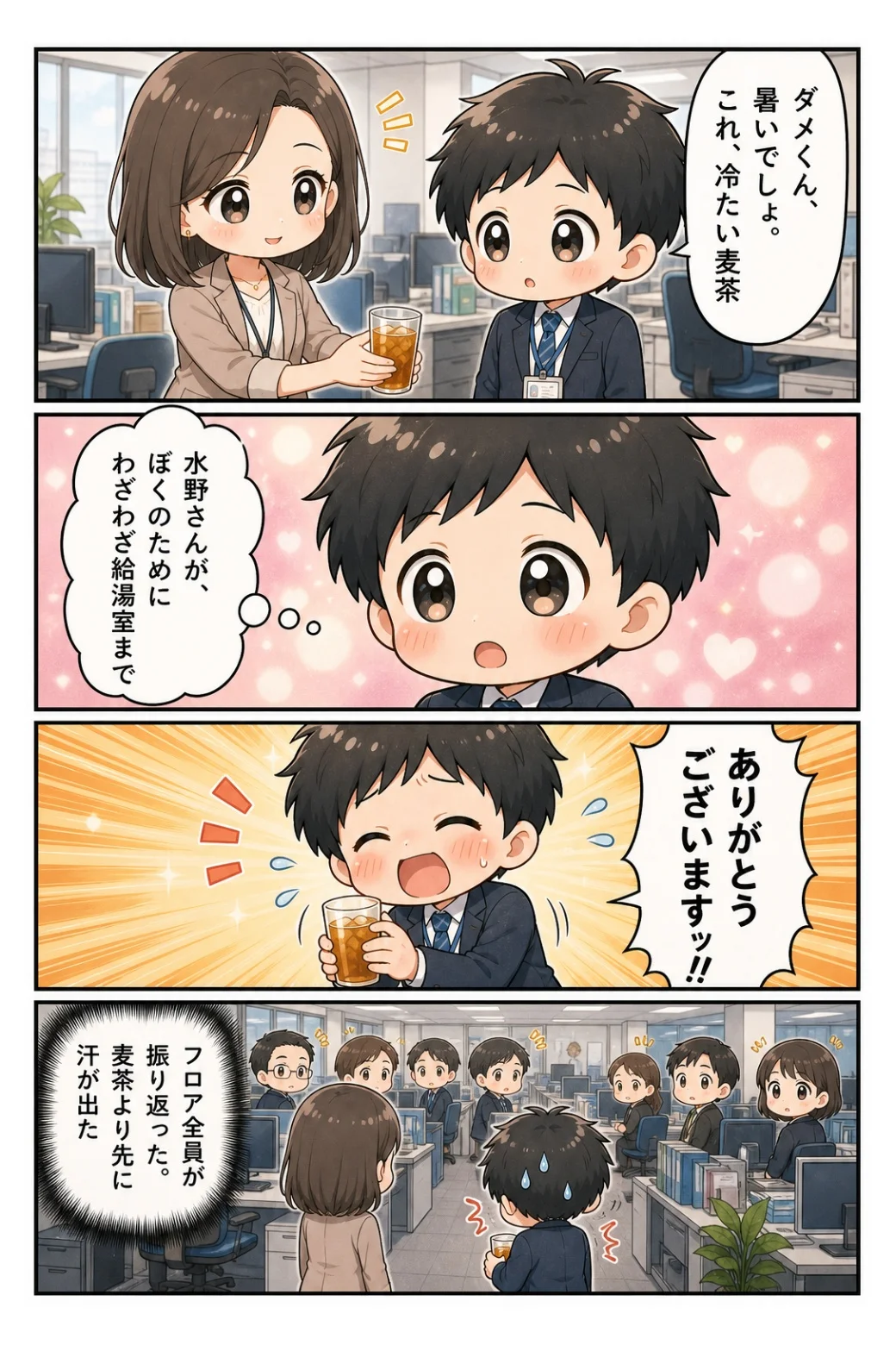 4コマ漫画「麦茶のお礼が大きすぎた」 水野さんにもらった冷たい麦茶。お礼の声が大きすぎて、フロア中が振り返った話。
