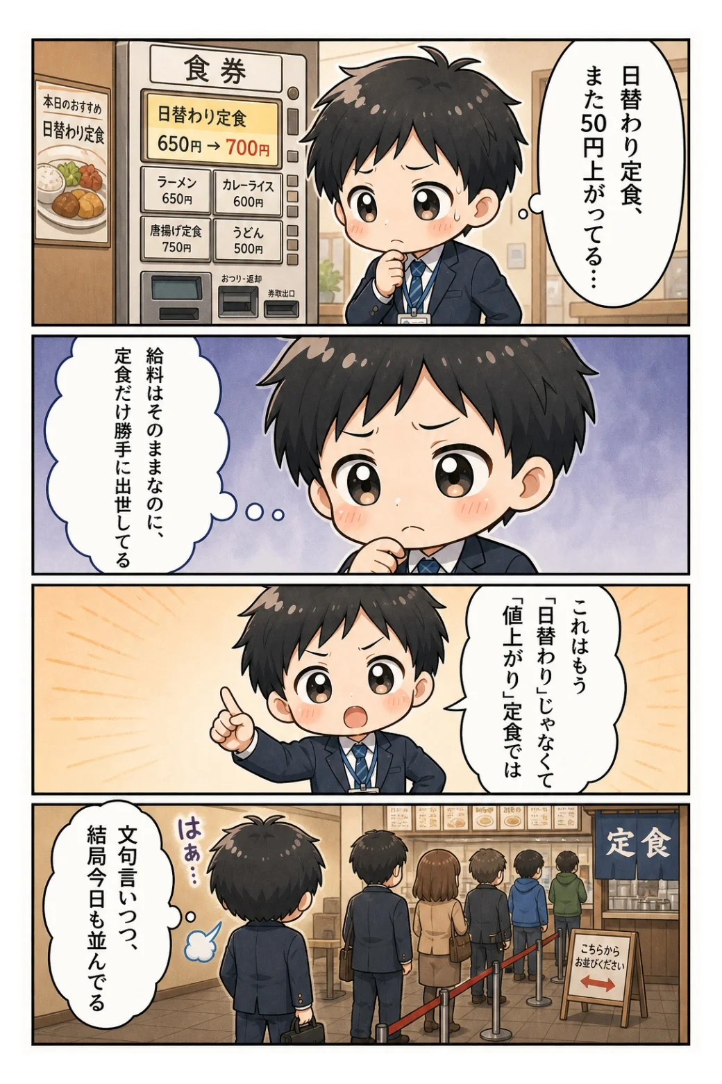 4コマ漫画「値上がりした日替わり定食」 社食の日替わり定食が50円値上がり。文句を言いながら、結局きょうも列に並ぶ話。