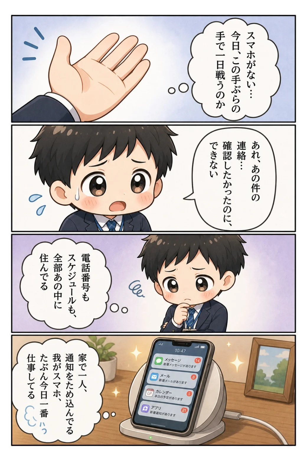 4コマ漫画「スマホを家に忘れた日」 スマホを忘れて手ぶらで一日戦う。家で通知をため込むスマホが、いちばん働いていた話。