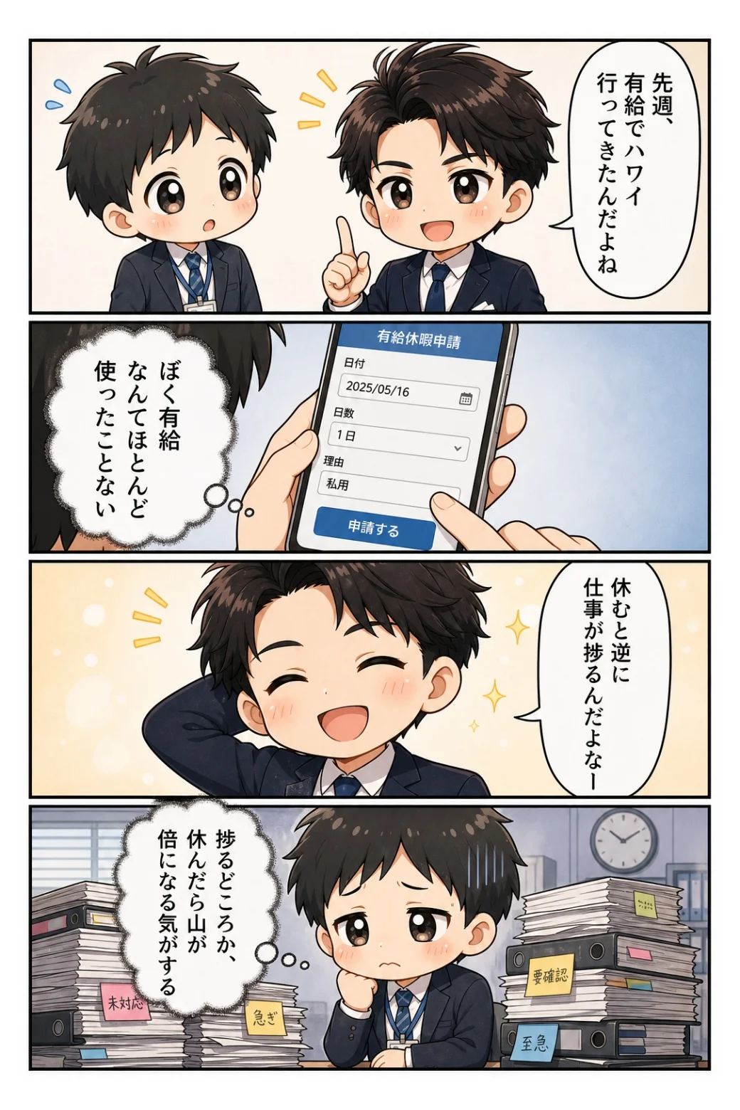 4コマ漫画「久保のハワイと未消化の有給」 同期の久保はハワイへ有給。休んだら仕事の山が倍になる気がして、有給が減らない話。