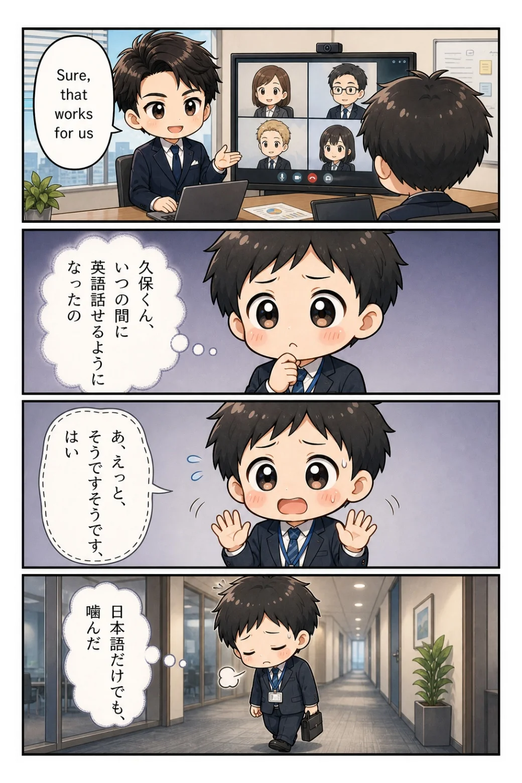 4コマ漫画「英語で会議する同期」 久保が英語で会議をこなす横で、日本語だけの自分が噛んでいたことを思い出す話。