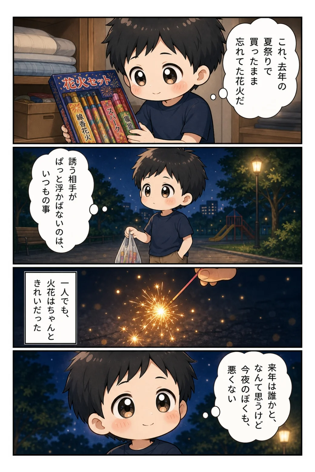 4コマ漫画「去年の花火がひとつ残ってた」 誘う相手が浮かばないまま、去年買った花火をひとりで。それでも火花はきれいだった話。