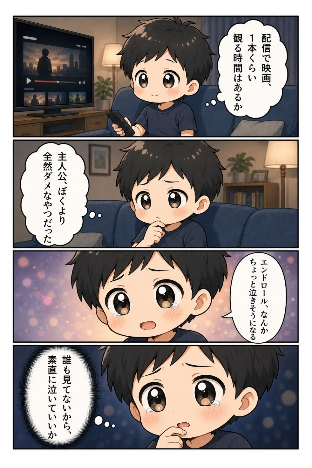 4コマ漫画「主人公が自分よりダメだった」 配信で観た映画の主人公が自分よりダメで、エンドロールで泣きそうになる話。