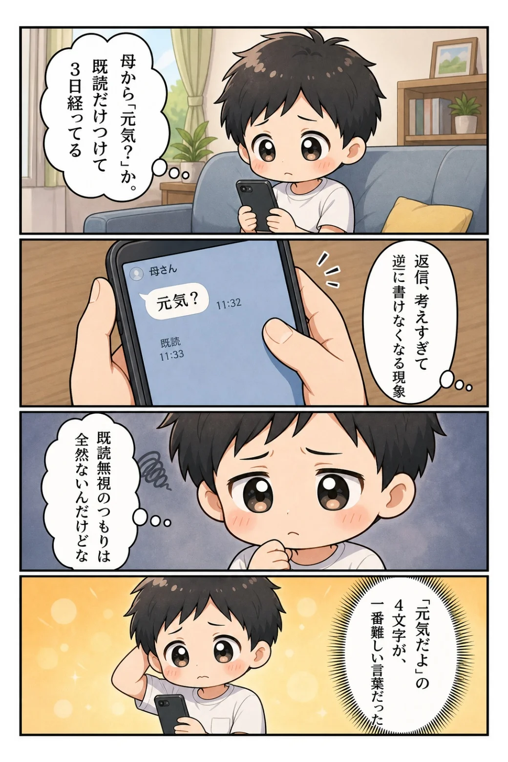4コマ漫画「母からの「元気？」が返せない」 母からの「元気？」が既読のまま3日。「元気だよ」の4文字がいちばん難しい話。