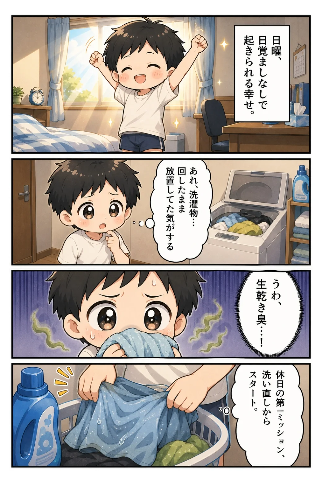 4コマ漫画「目覚ましなしの日曜と生乾き」 目覚ましなしの幸せな朝。放置した洗濯物が生乾きで、休日の第一ミッションが洗い直しになる話。