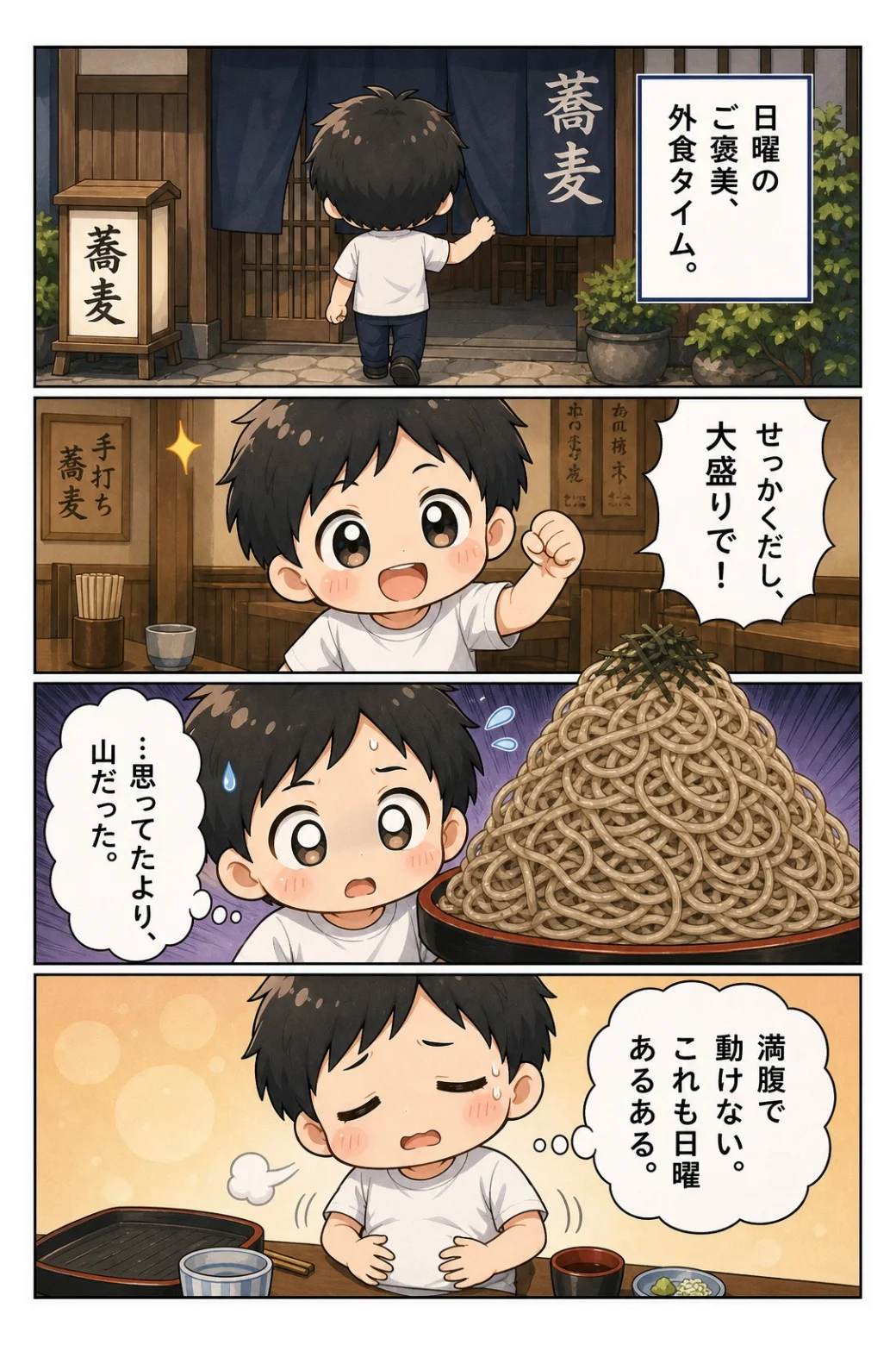 4コマ漫画「日曜の蕎麦を大盛りにした」 ひさしぶりの外食で大盛りを頼んだら山盛り。満腹で動けなくなる日曜の話。