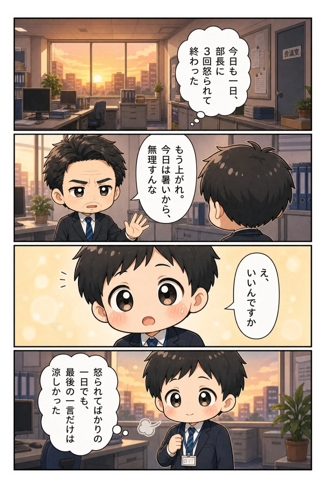 4コマ漫画「3回怒られた日の最後の一言」 部長に3回怒られた日、「もう上がれ。無理すんな」の一言だけが涼しかった話。