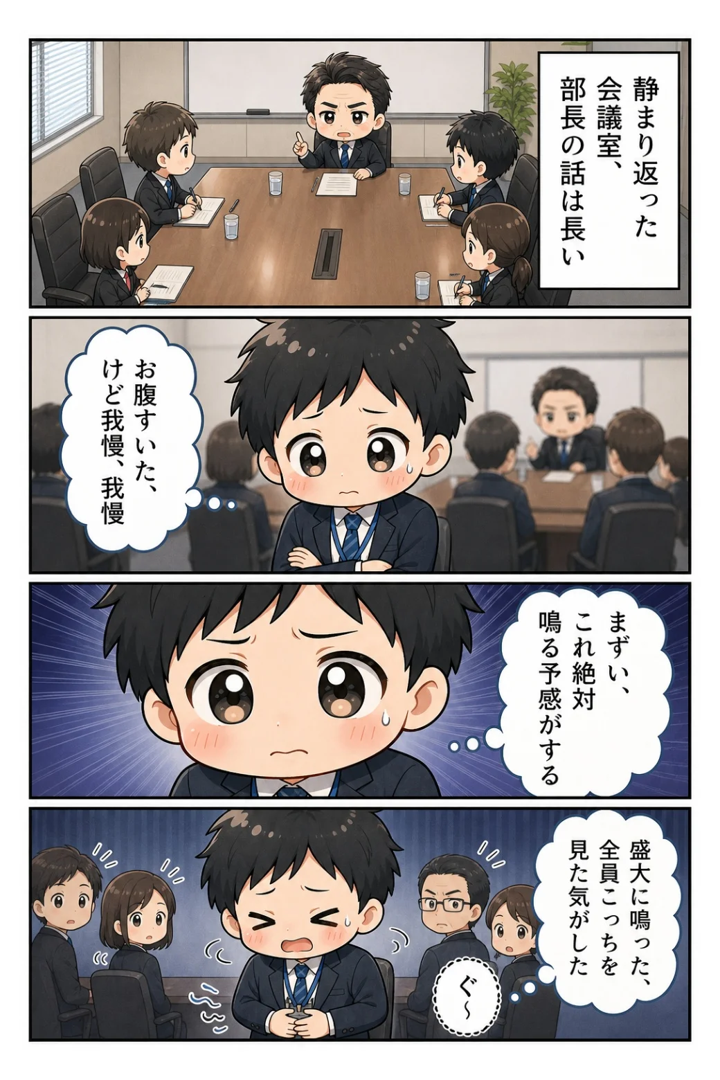 4コマ漫画「会議室で盛大に鳴ったお腹」 部長の長話の途中でお腹が盛大に鳴り、全員がこちらを見た気がした話。