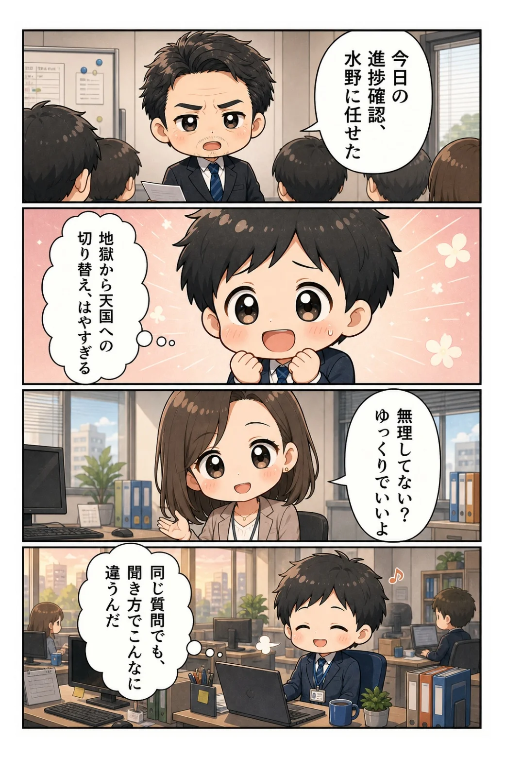 4コマ漫画「同じ質問でも聞き方が違う」 部長の進捗確認が水野さんに交代。「ゆっくりでいいよ」の一言で、同じ質問がこんなに違う話。
