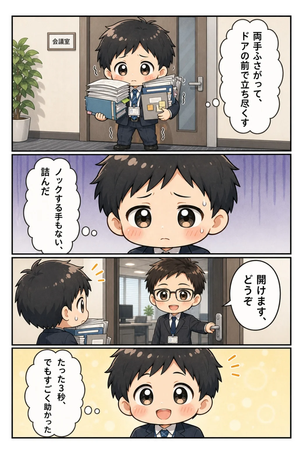 4コマ漫画「両手がふさがってドアの前」 荷物で両手がふさがりドアの前で立ち尽くす。同僚の「開けます」の3秒に救われた話。