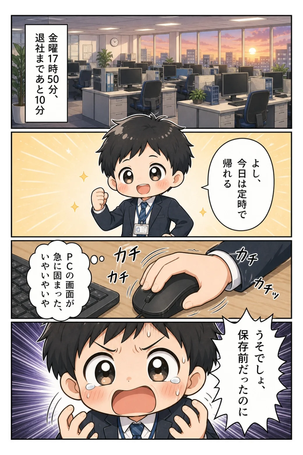 4コマ漫画「定時5分前のフリーズ」 金曜17時50分、定時で帰れると思った瞬間にパソコンが固まる。保存はまだだった話。