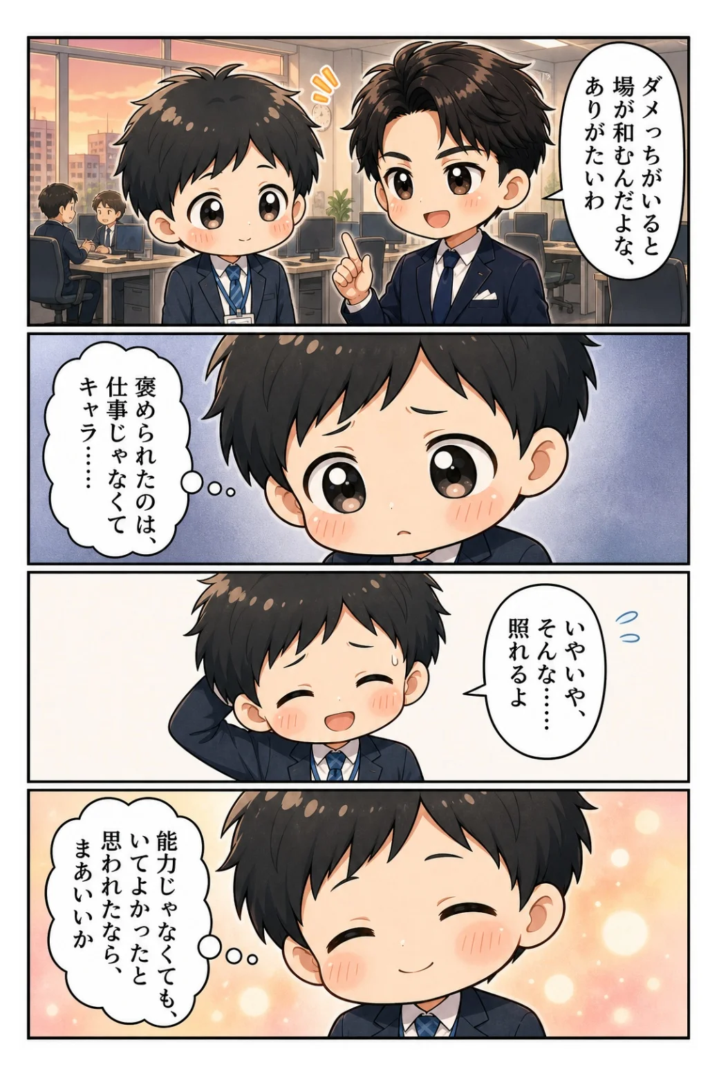 4コマ漫画「褒められたのは仕事じゃなかった」 久保に「いると場が和む」と褒められる。能力じゃなくても、いてよかったと思われたならまあいいかと思う話。