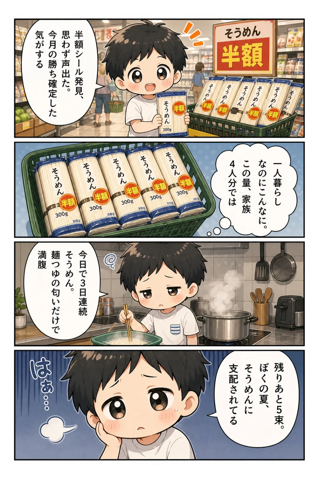 4コマ漫画「そうめん半額の誤算」 半額シールにつられて買いすぎたそうめん。3日連続で食卓に出て、夏を支配されている話。