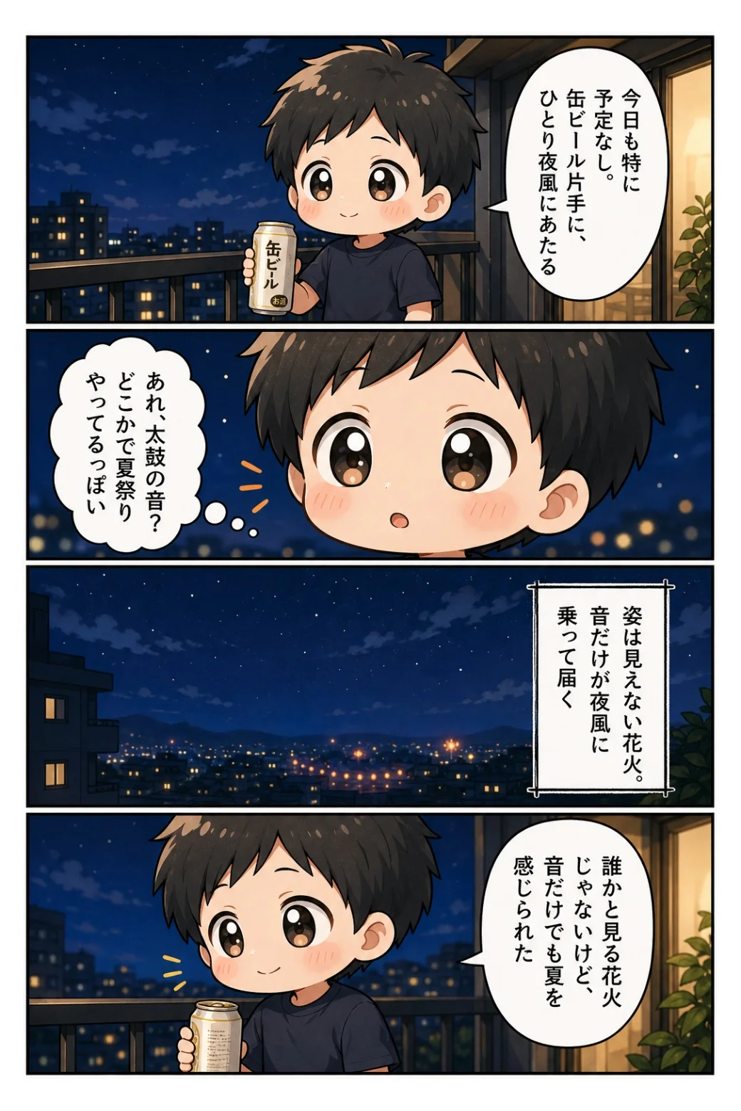 4コマ漫画「ひとり夜風と花火の音」 ベランダで缶ビール。姿は見えないけれど、太鼓と花火の音だけで夏を感じられた話。