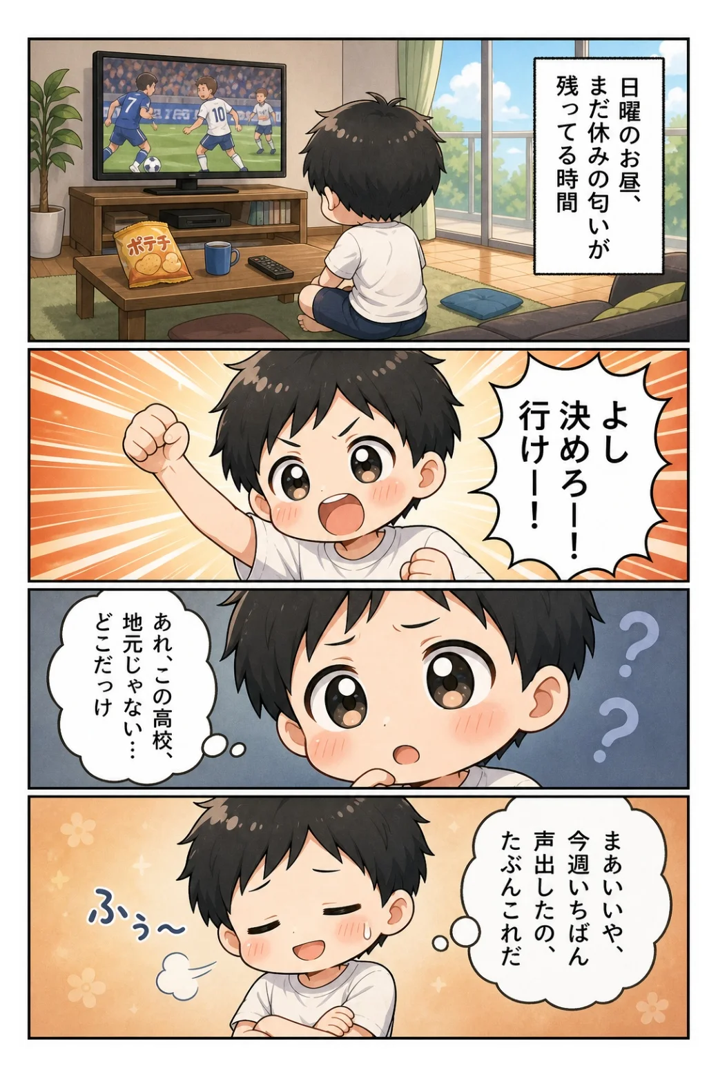 4コマ漫画「日曜サッカー観戦」 テレビに向かって全力で声援。よく見たら地元じゃない高校だった日曜の話。
