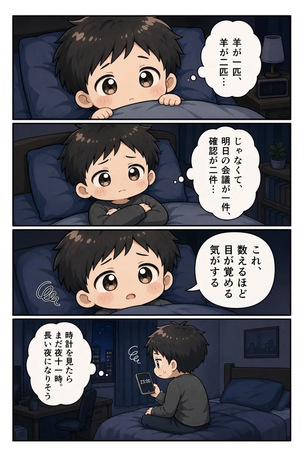 4コマ漫画「眠れない夜」 羊を数えるつもりが明日の会議を数えてしまう。数えるほど目が冴えていく日曜の夜の話。