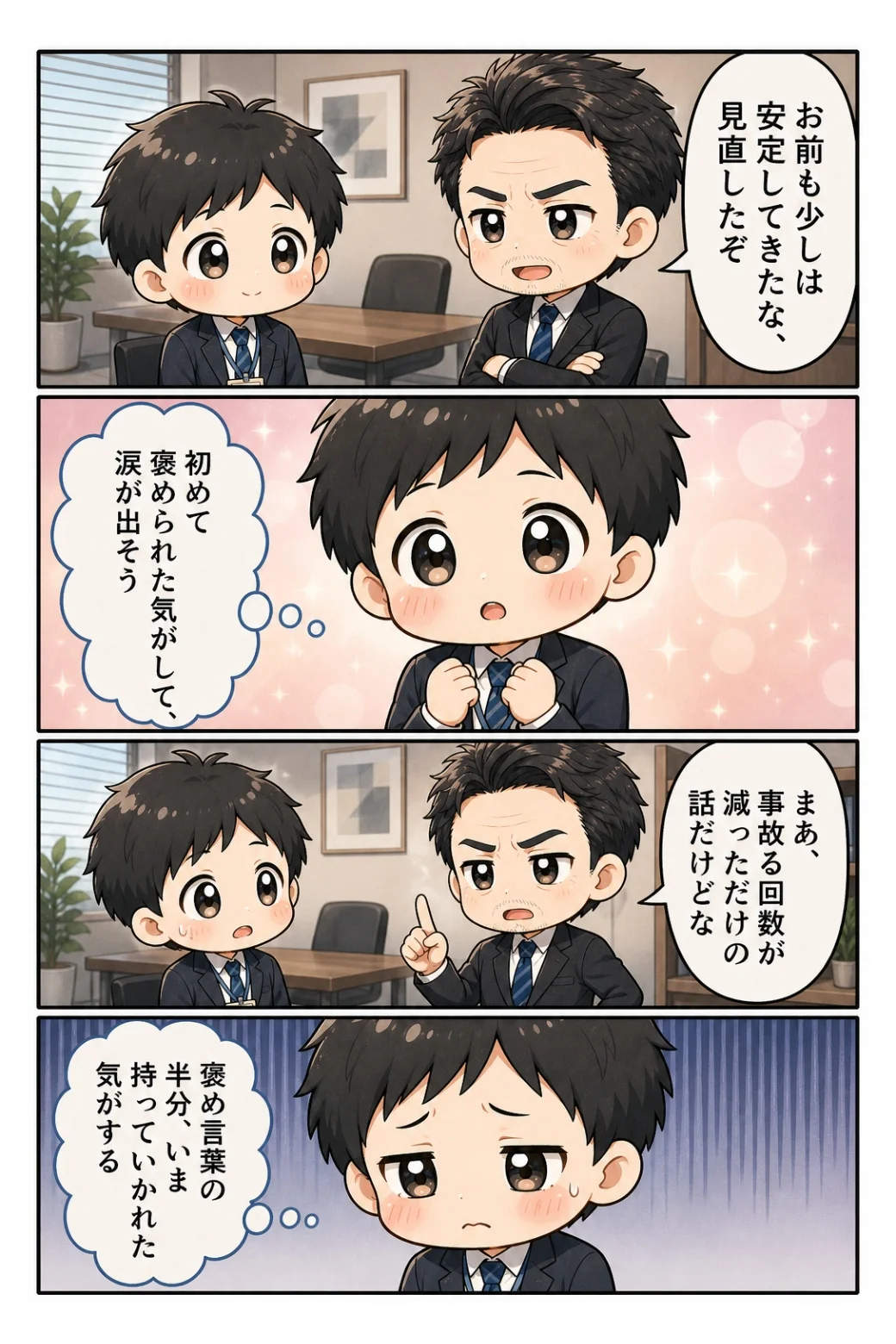 4コマ漫画「部長に褒められる」 「安定してきたな」と褒められた直後に「事故る回数が減っただけだ」と半分持っていかれる話。