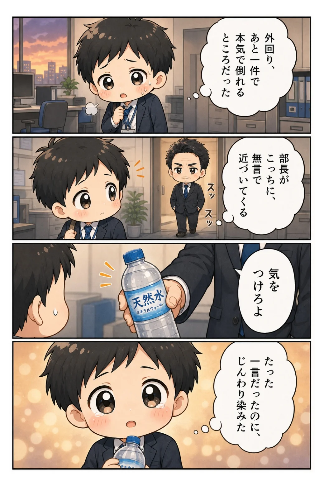 4コマ漫画「部長の差し入れ」 外回りで倒れそうな日、部長が無言で差し出した天然水。「気をつけろよ」がじんわり染みた話。
