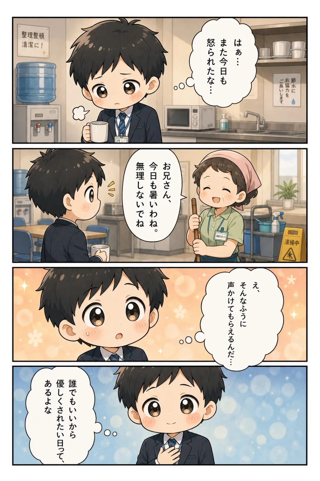 4コマ漫画「清掃スタッフの優しさ」 怒られた日の給湯室で、清掃スタッフの方の「無理しないでね」に救われる話。
