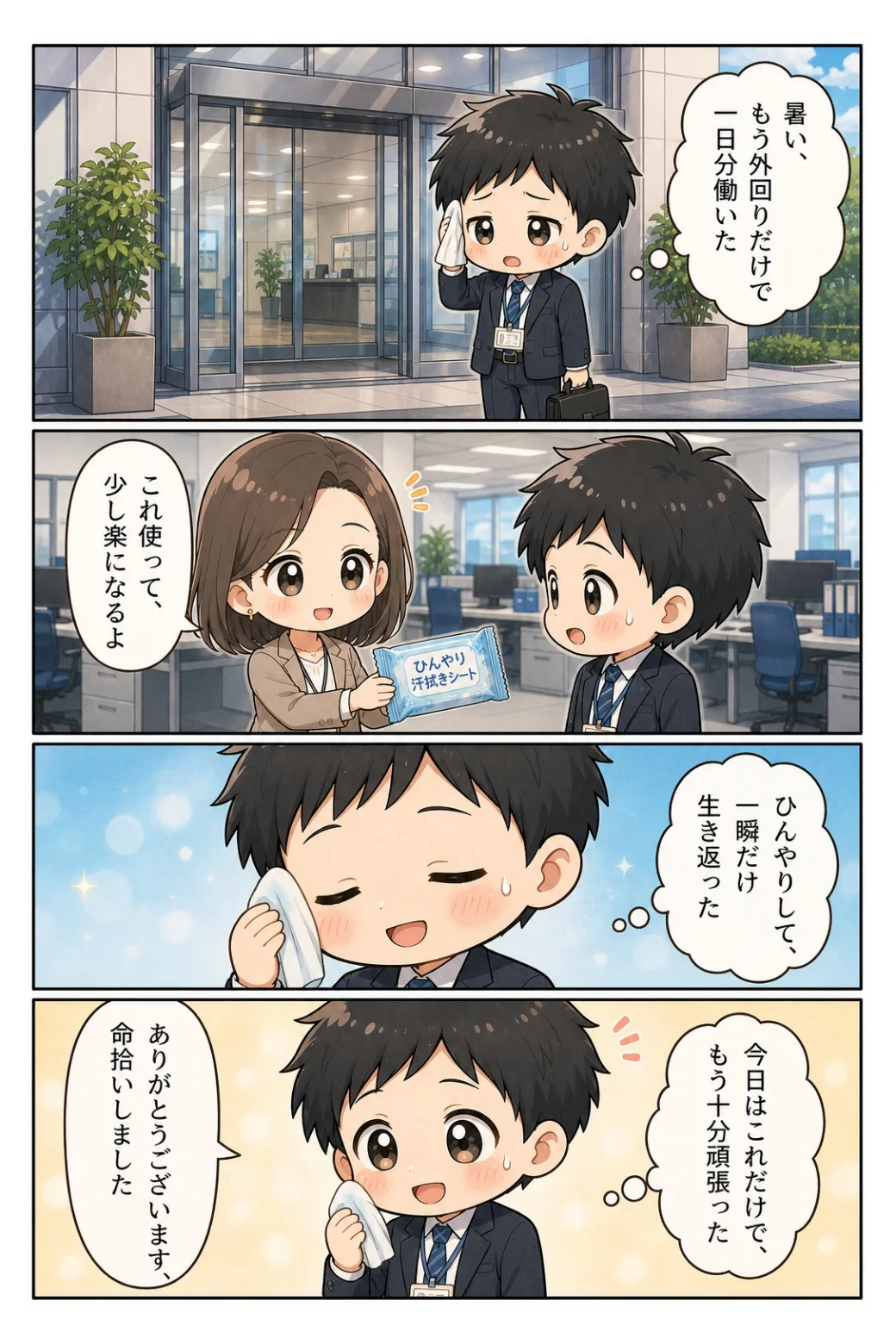 4コマ漫画「汗拭きシート」 炎天下の外回りから戻ると、水野さんがひんやりした汗拭きシートをくれて生き返る話。