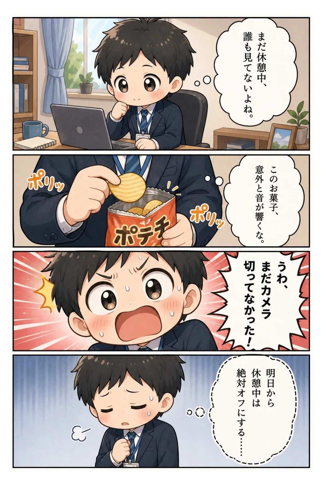 4コマ漫画「休憩中のポテチ」 オンライン会議のカメラを切り忘れたまま、ポテチの音を全員に届けてしまった話。