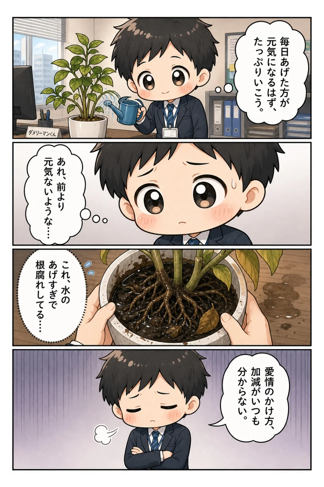 4コマ漫画「観葉植物の水やり」 毎日たっぷり水をあげた観葉植物が根腐れ。愛情のかけ方の加減がいつも分からない話。