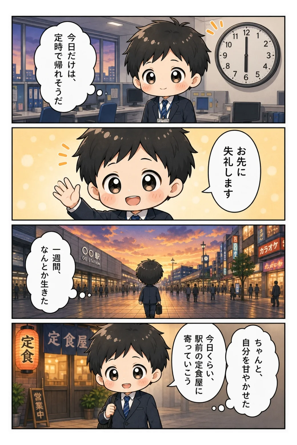 4コマ漫画「定時退社と定食屋」 金曜の定時退社。一週間なんとか生き延びたごほうびに、駅前の定食屋へ寄る話。