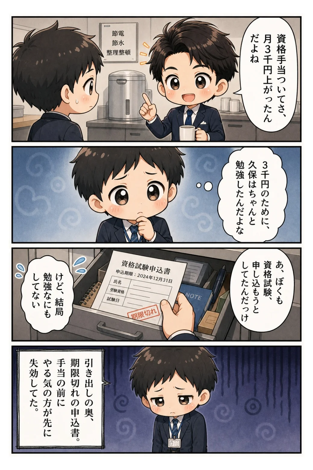 4コマ漫画「資格試験の申込書」 久保の資格手当を横目に、引き出しの奥から期限切れの申込書。手当より先にやる気が失効していた話。
