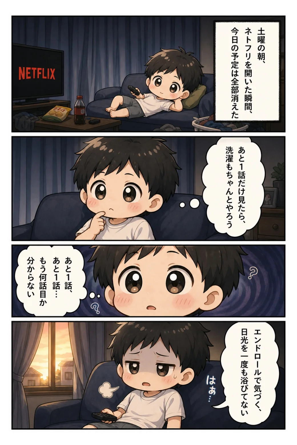 4コマ漫画「土曜の朝ネトフリ一気見」 「あと1話」が止まらず、気づけば一度も日光を浴びていなかった土曜の話。