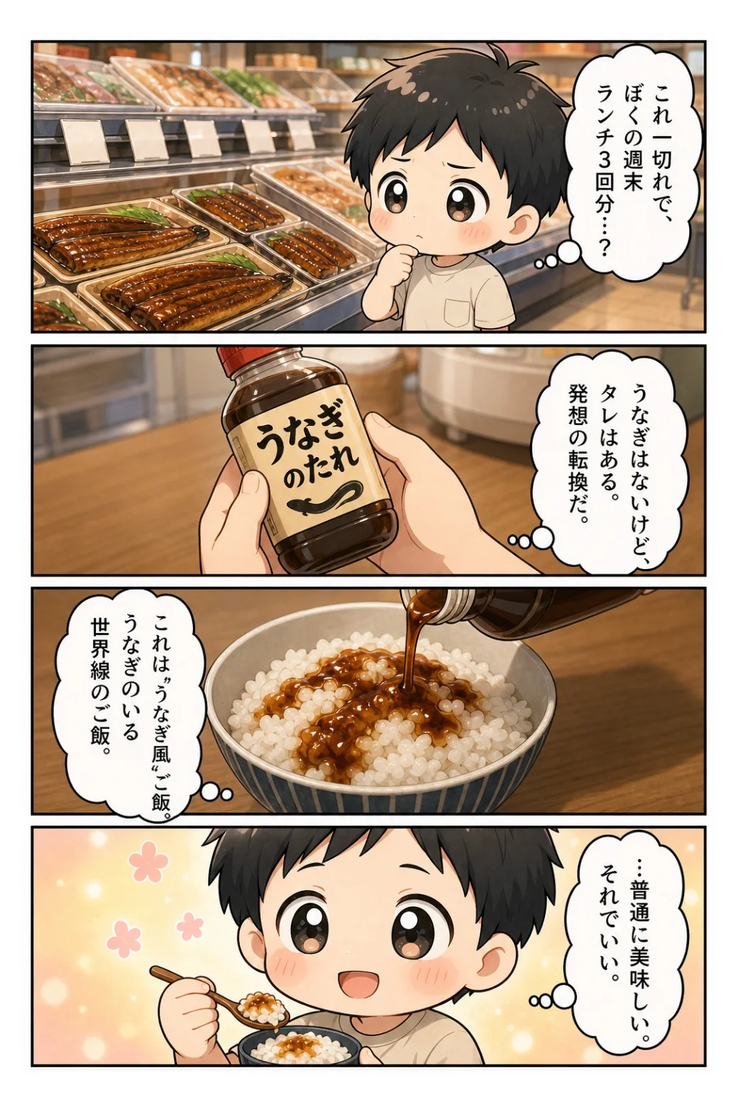 4コマ漫画「うなぎのたれでうなぎ風ご飯」 うなぎは高いのでタレだけご飯。普通においしくて、これでいいかと思う土用の話。