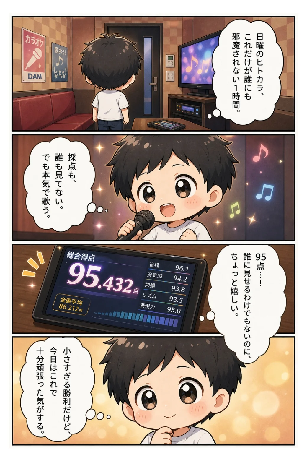 4コマ漫画「ヒトカラで高得点」 誰にも邪魔されない1時間のヒトカラで95点。見せる相手はいないけれど十分頑張った気がする話。