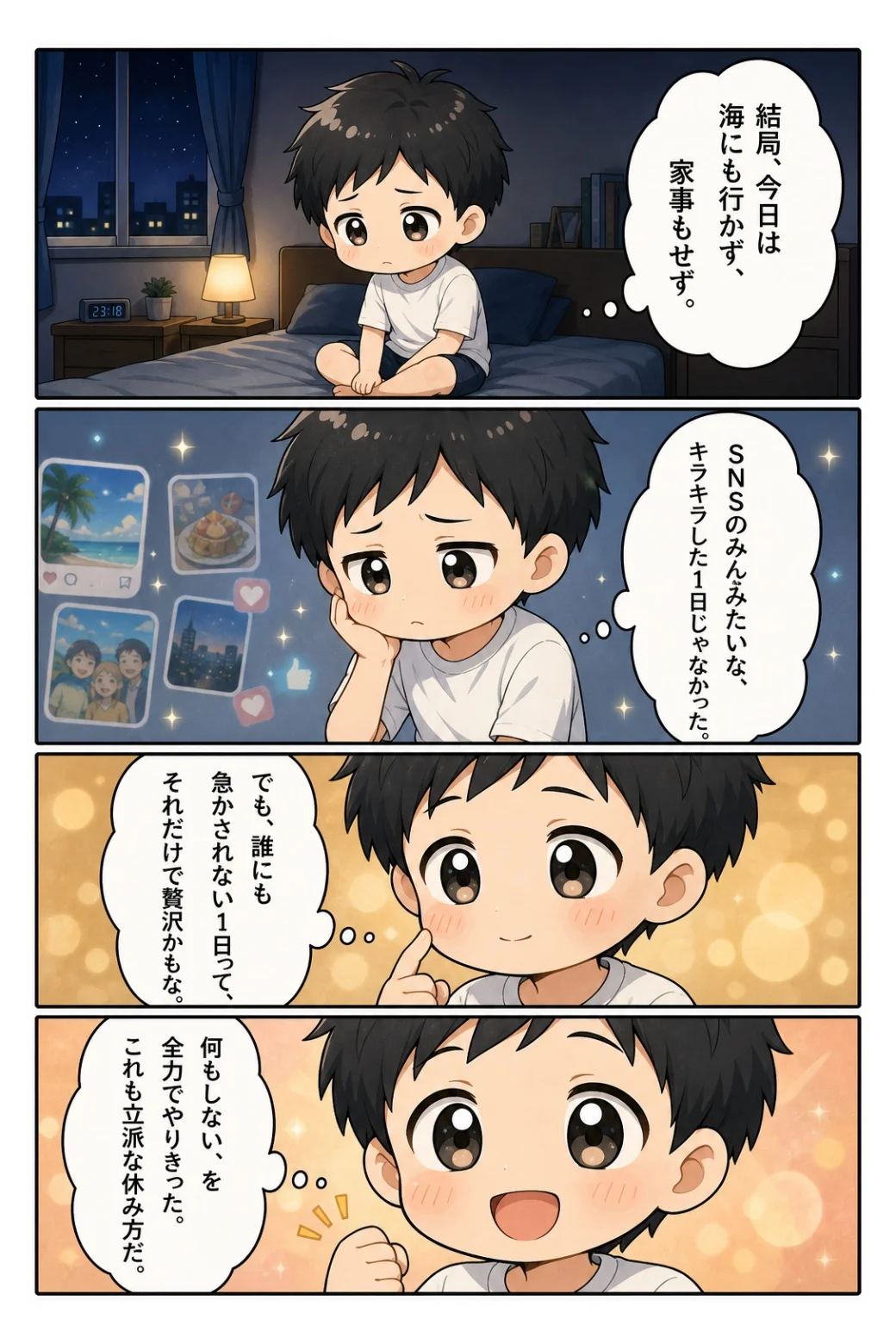 4コマ漫画「海の日の休み方」 海にも行かず家事もせず。SNSのようなキラキラした一日ではないけれど、何もしないを全力でやりきった話。