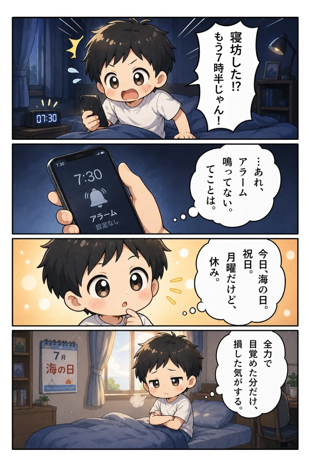 4コマ漫画「海の日の寝坊」 7時半に飛び起きたらアラーム未設定。今日は祝日だと気づき、全力で目覚めた分だけ損した気がする話。