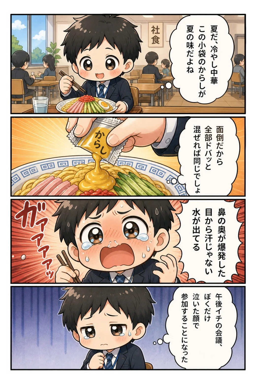 4コマ漫画「からし全部混ぜて悶絶」 冷やし中華のからしを全部混ぜて鼻の奥が爆発。午後イチの会議に泣いた顔で参加する話。