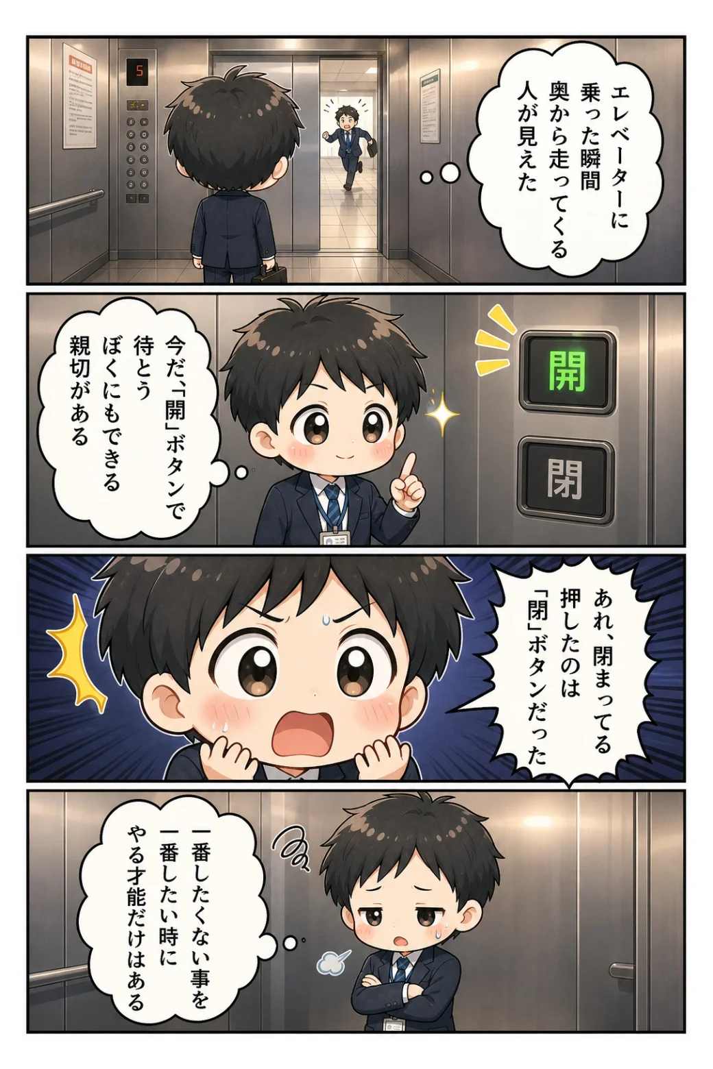 4コマ漫画「エレベーターのボタン」 走ってくる人のために「開」を押したつもりが「閉」。一番したくないことを一番したい時にやる才能の話。