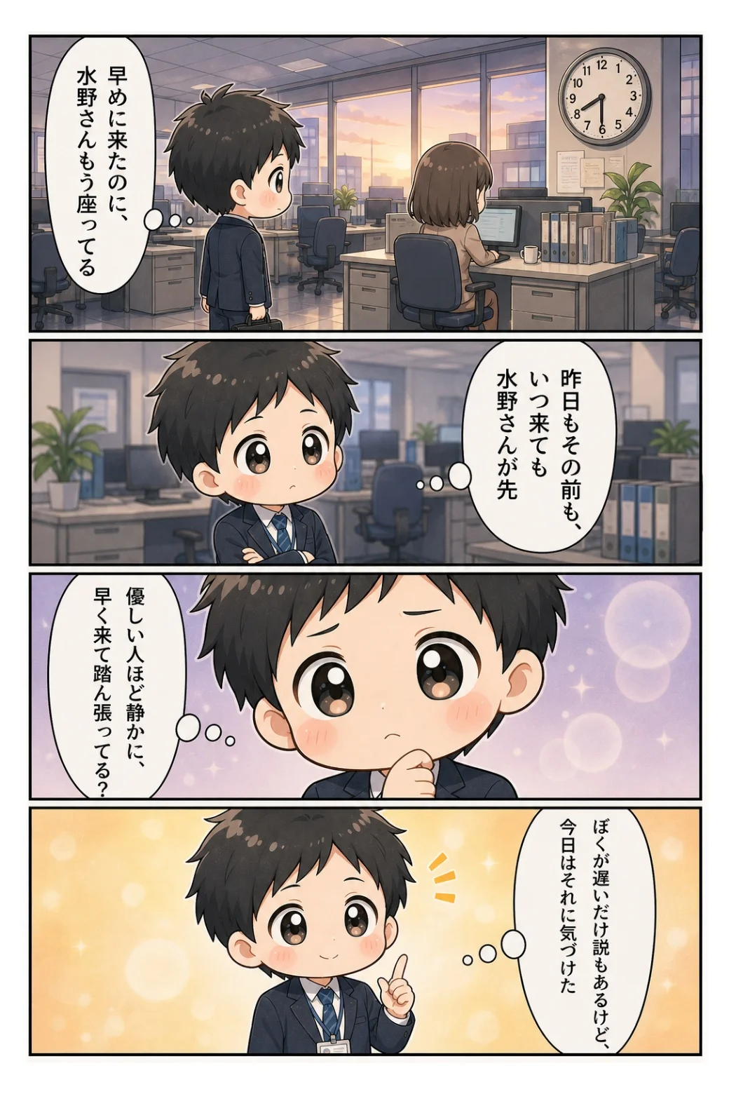 4コマ漫画「水野さんより早起き」 早めに出社しても水野さんはもう座っている。優しい人ほど静かに踏ん張っているのかもしれない話。