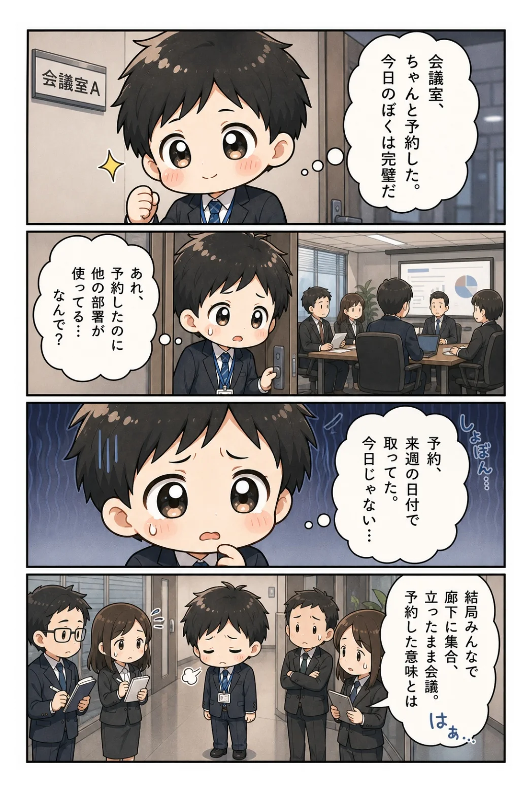 4コマ漫画「会議室予約トラブル」 完璧に予約したはずが来週の日付。結局みんなで廊下に集合し、立ったまま会議になる話。