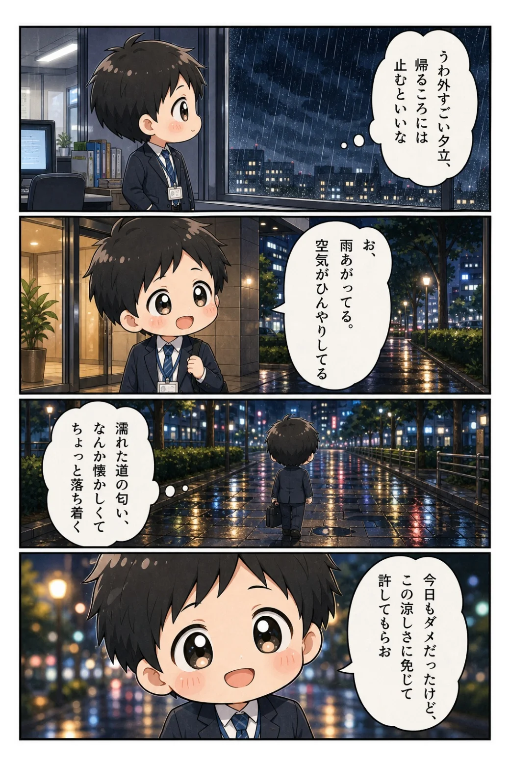 4コマ漫画「夕立後の帰り道」 夕立が上がった帰り道。濡れた道の匂いと涼しさに免じて、今日のダメを許してもらう話。