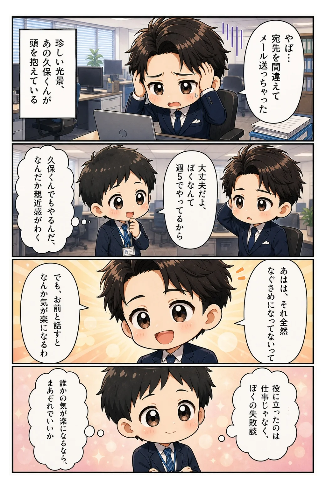 4コマ漫画「メール誤送信の失敗談」 誤送信で頭を抱える久保に自分の失敗談を披露。役に立ったのは仕事ではなく失敗談だった話。