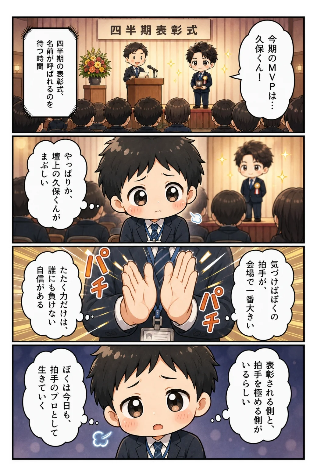4コマ漫画「表彰式で拍手のプロ」 四半期MVPは久保。会場でいちばん大きい拍手を送りながら、拍手のプロとして生きていくと決める話。