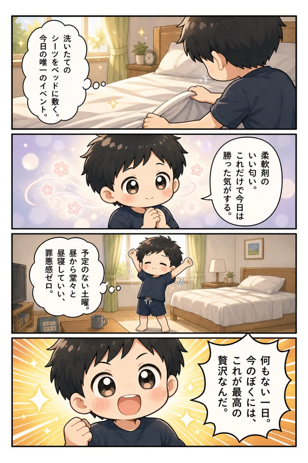 4コマ漫画「洗いたてシーツの土曜」 洗いたてのシーツと柔軟剤の匂い。予定のない土曜、何もない一日が最高の贅沢だと気づく話。