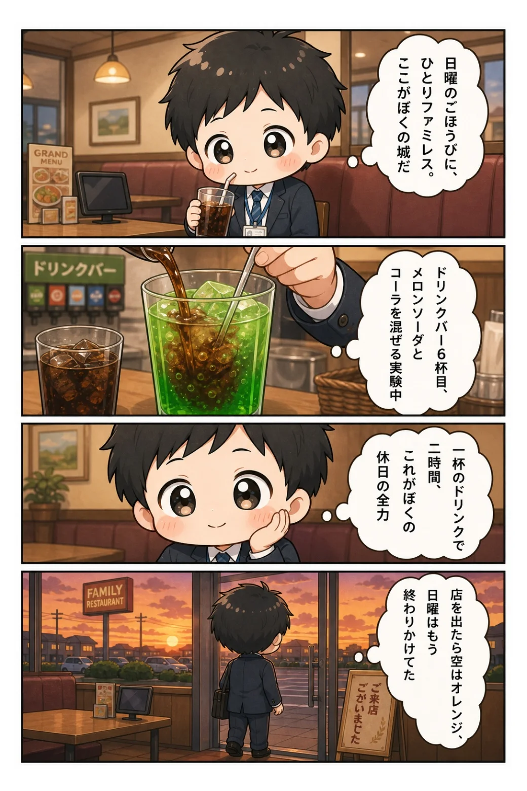 4コマ漫画「ファミレスドリンクバー」 日曜のひとりファミレスでドリンクバー6杯目。一杯で二時間、これが休日の全力だという話。