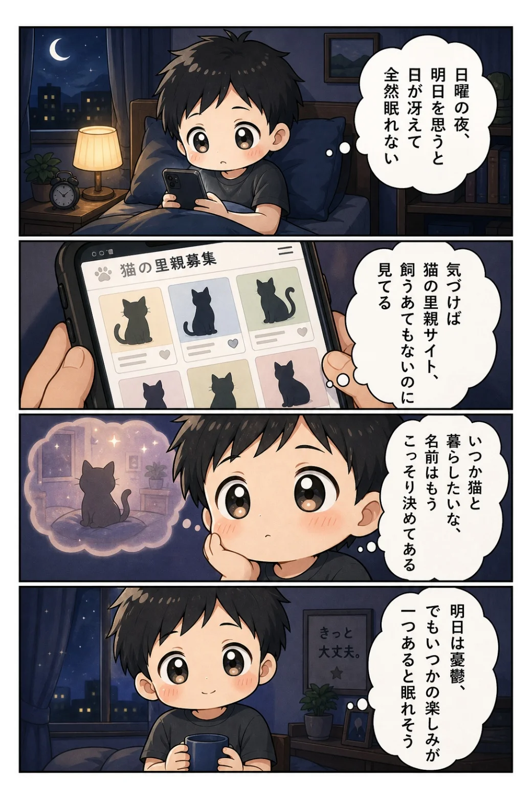4コマ漫画「猫の里親サイトを眺める」 眠れない日曜の夜、飼うあてもないのに猫の里親サイト。名前だけはもう決めてある話。