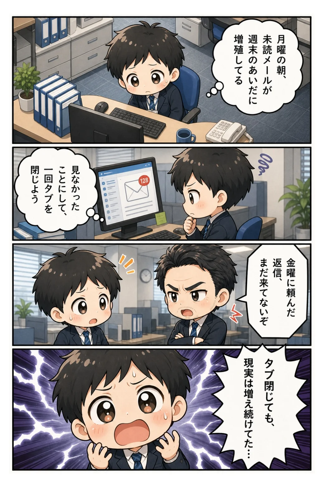 4コマ漫画「月曜の未読メール」 週末に増殖した未読128件。見なかったことにしてタブを閉じても、現実は増え続けていた話。