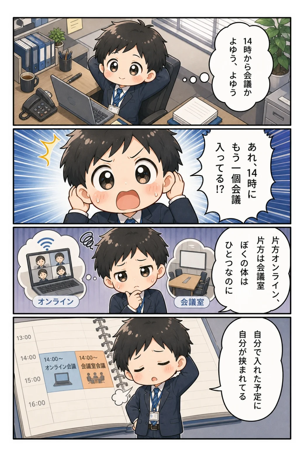 4コマ漫画「会議のダブルブッキング」 14時にオンラインと会議室の予定が重複。自分で入れた予定に自分が挟まれる話。