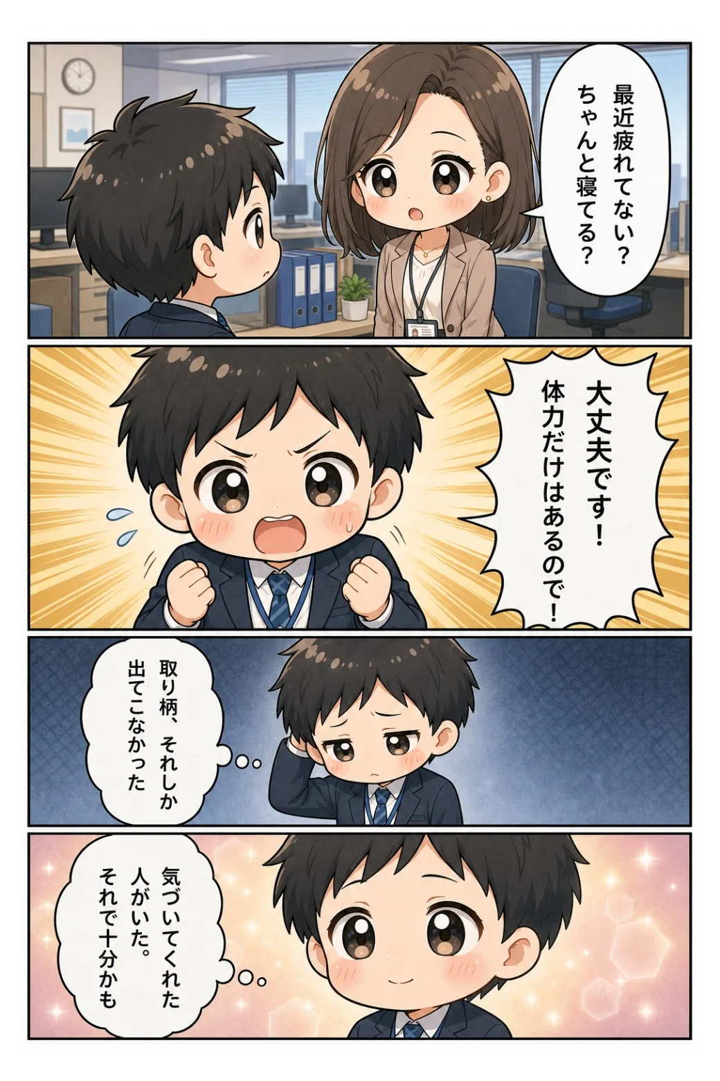 4コマ漫画「体力だけはあります」 水野さんの「ちゃんと寝てる？」に「体力だけはあるので！」と即答。気づいてくれた人がいた、それで十分かもと思う話。