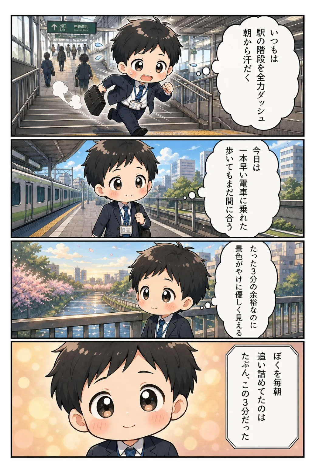 4コマ漫画「駅までの3分の余裕」 一本早い電車に乗れた朝。たった3分の余裕で景色が優しく見え、毎朝追い詰めていた正体に気づく話。