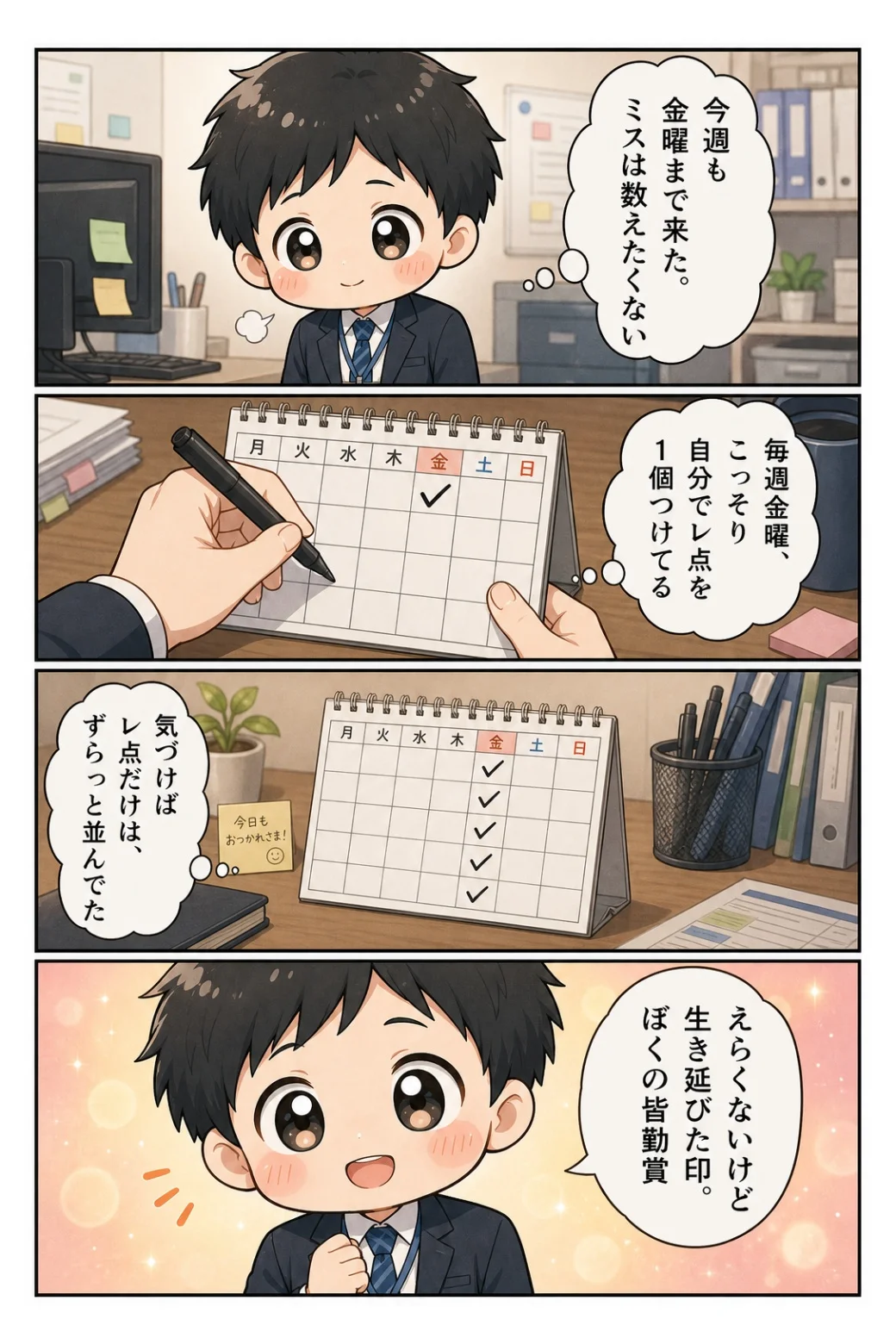 4コマ漫画「こっそりレ点の皆勤賞」 毎週金曜、カレンダーにこっそりレ点。えらくないけど生き延びた印、自分だけの皆勤賞の話。