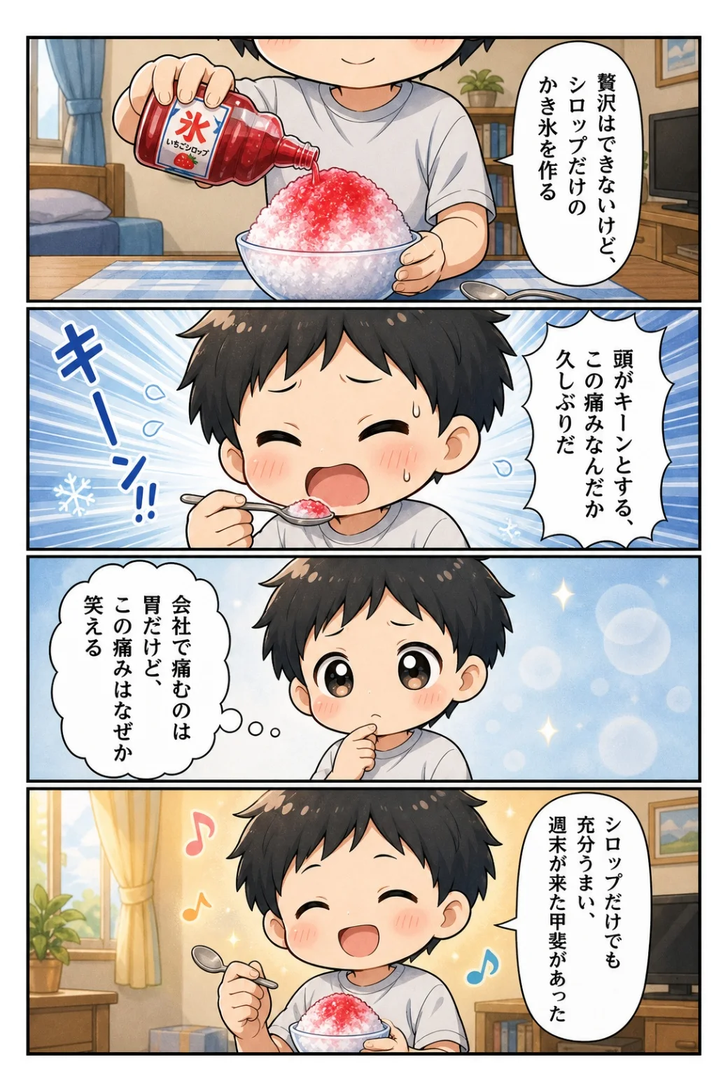 4コマ漫画「シロップだけのかき氷」 シロップだけのかき氷で頭がキーン。会社で痛むのは胃だけど、この痛みはなぜか笑える話。